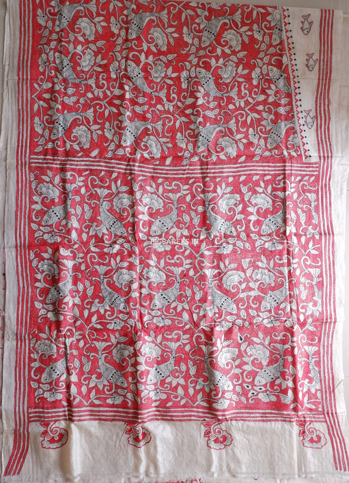 Kantha Stitch Hand Embroidered Saree | Pure Gachi Tussar Silk | Silk Mark Certified | Beige