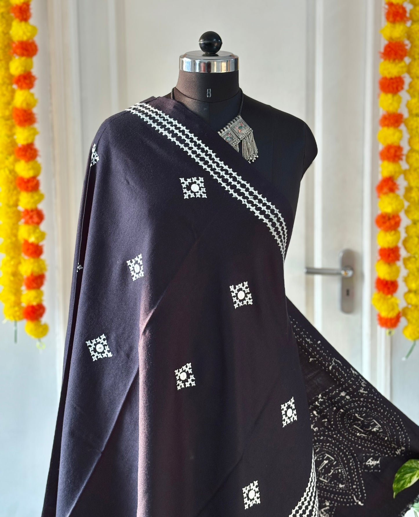 Gujrati Stitch Hand Embroidered Woollen Warm Shawl- Blue