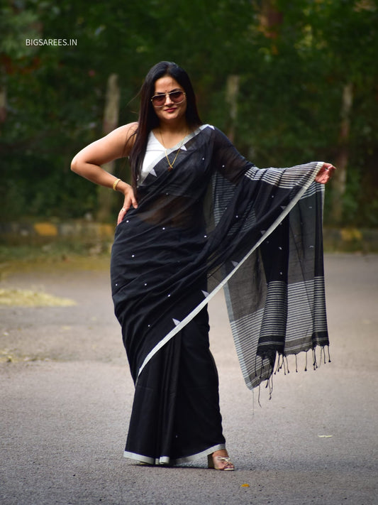Hand woven Pure Cotton Saree (Handloom Marked) - Black