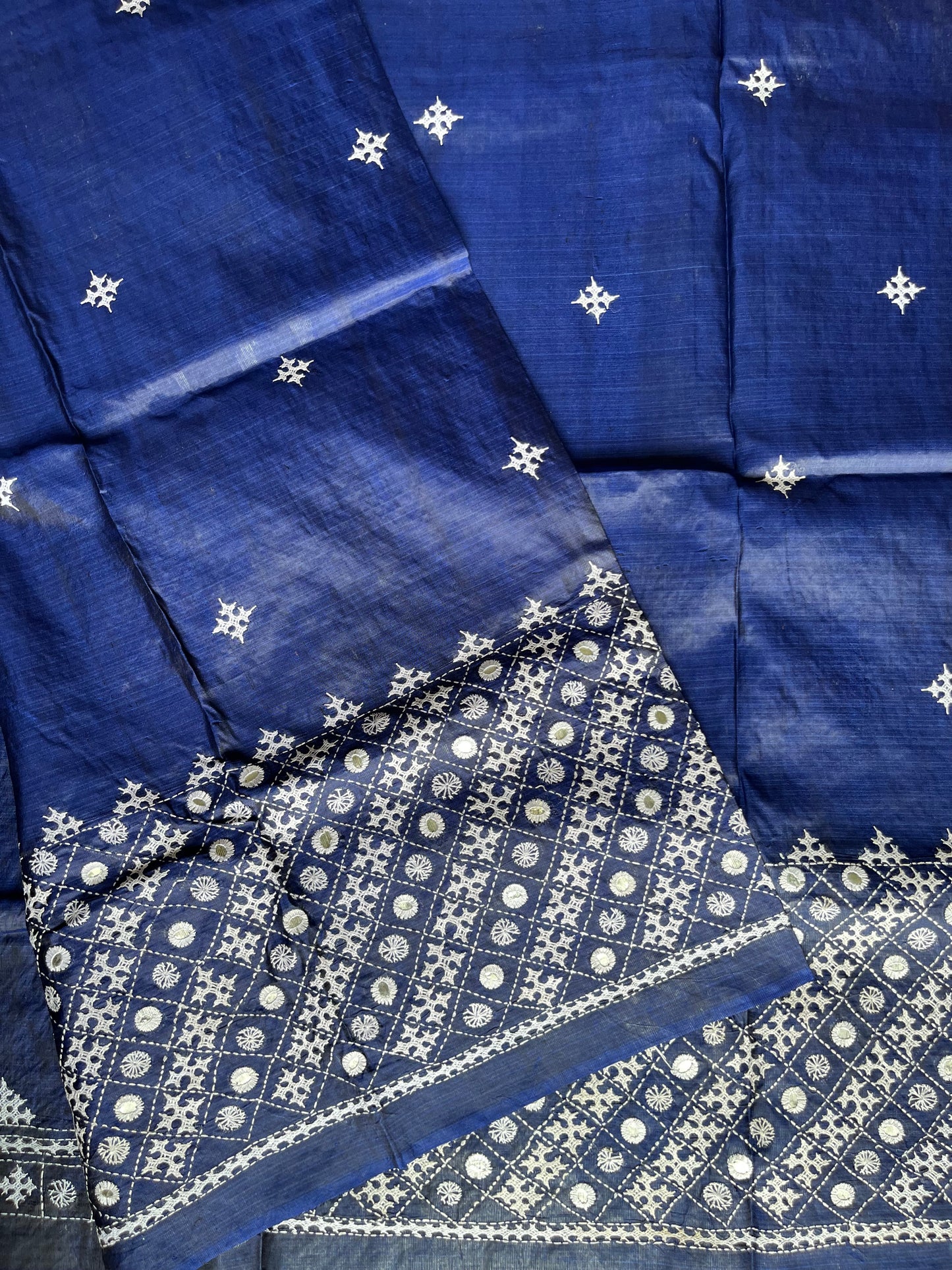 Navy Blue Kutch Hand Embroidered Pure Banglore Silk Saree