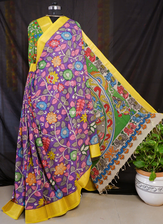 Pen Kalamkari hand painted pure cotton Saree with blouse