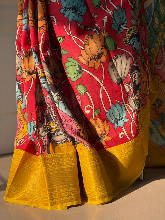 Pen Kalamkari hand painted Banglore Silk Saree with blouse