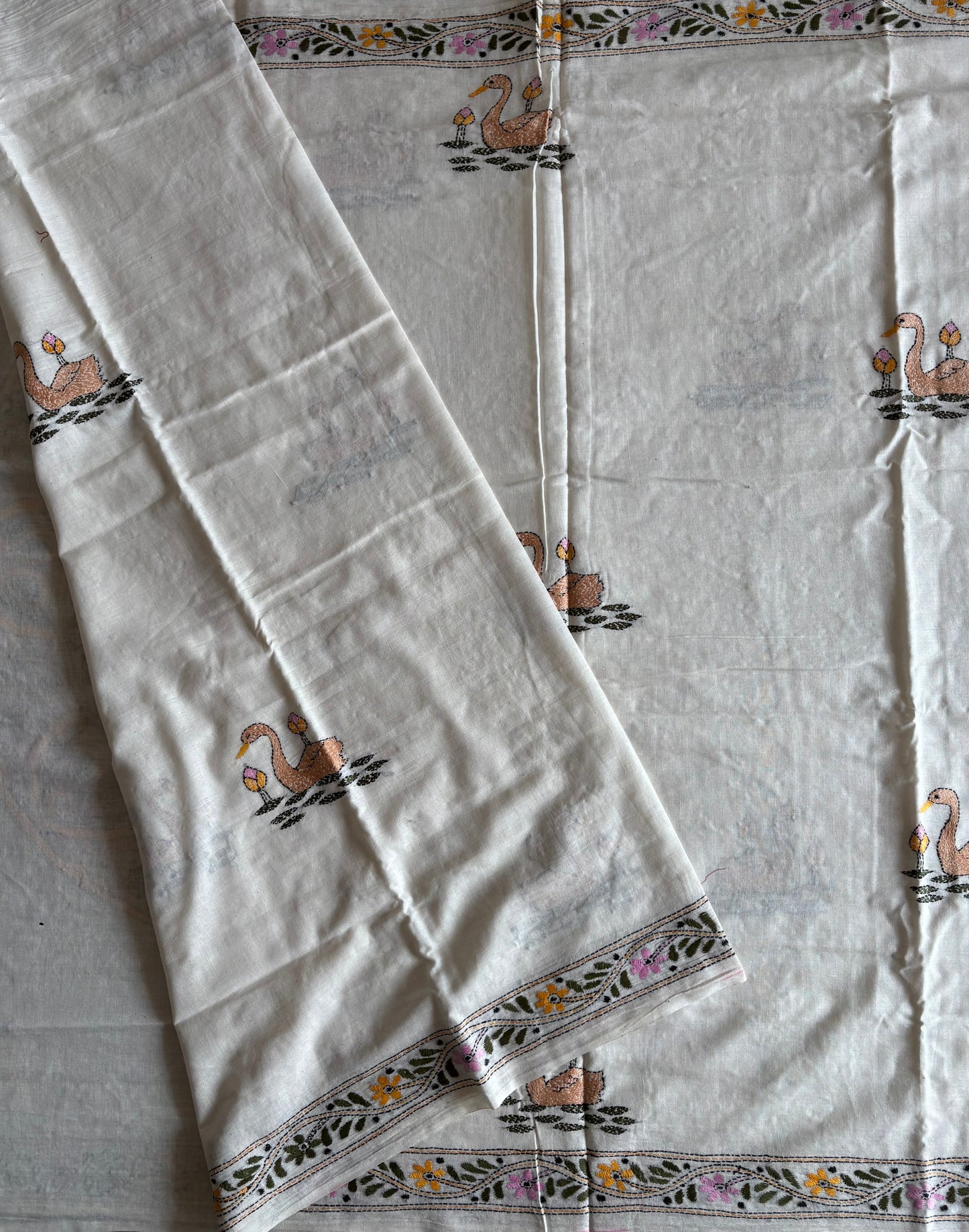 Kantha stitch Khadi Cotton Saree - Off white