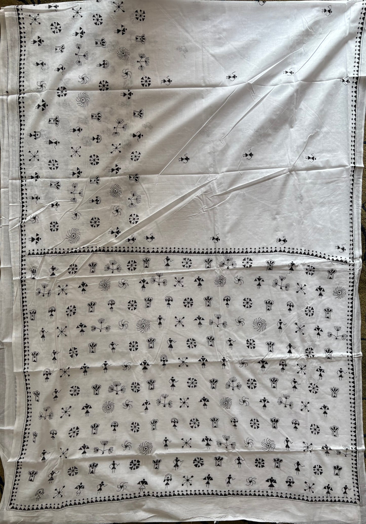 Kantha Hand Embroidered Pure Cotton Saree - white