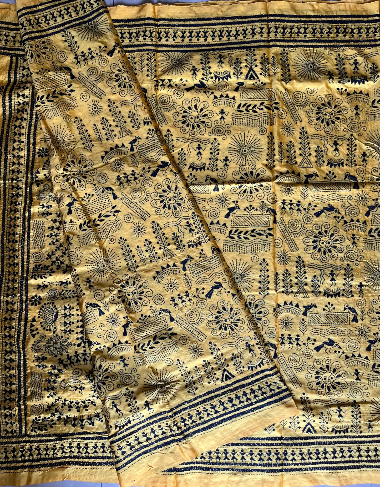 Yellow Kantha Hand Work Embroidered Art Silk Saree With Blouse