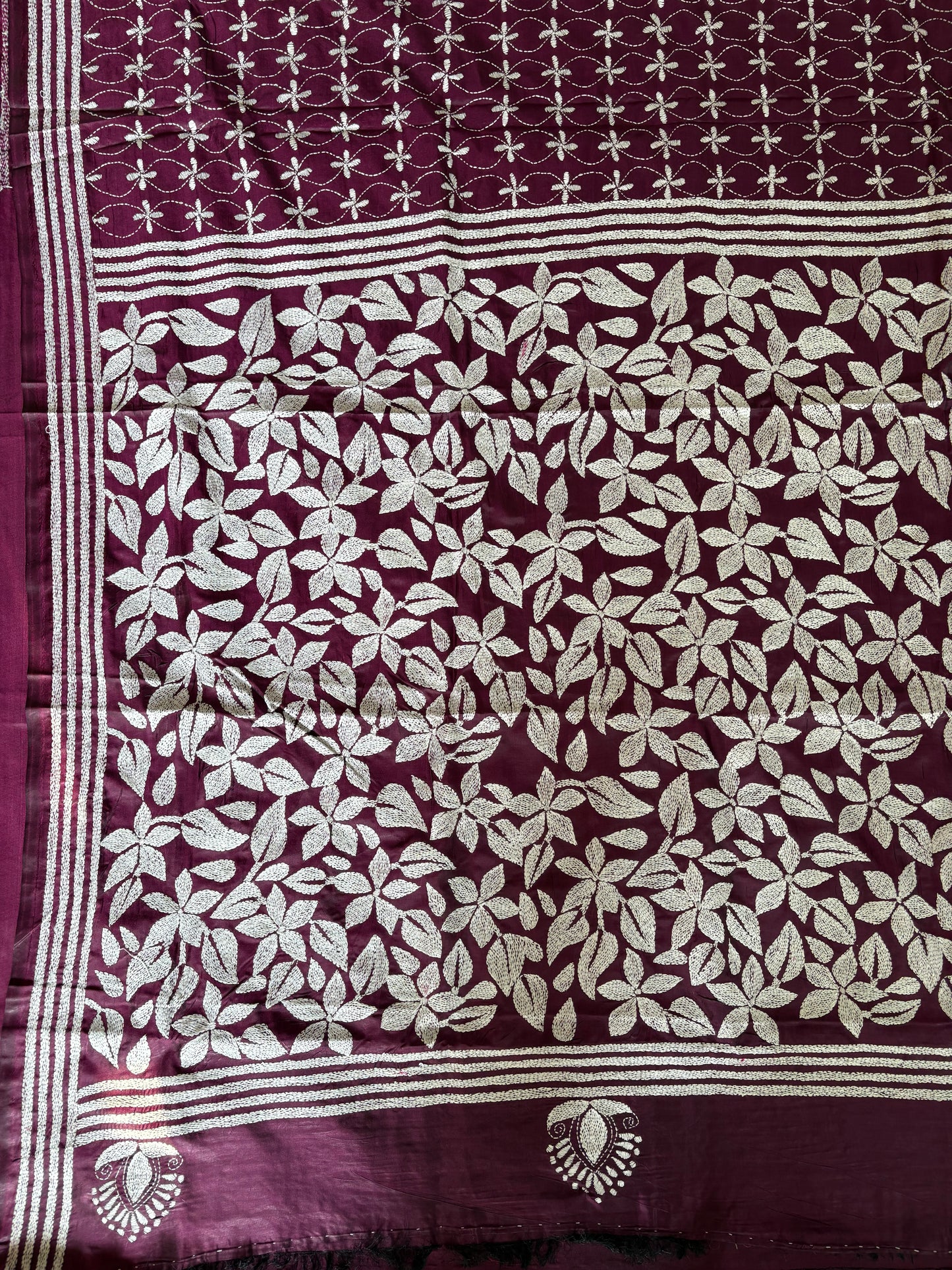 Kantha Stitch Hand Embroidered Art Silk Saree With Blouse