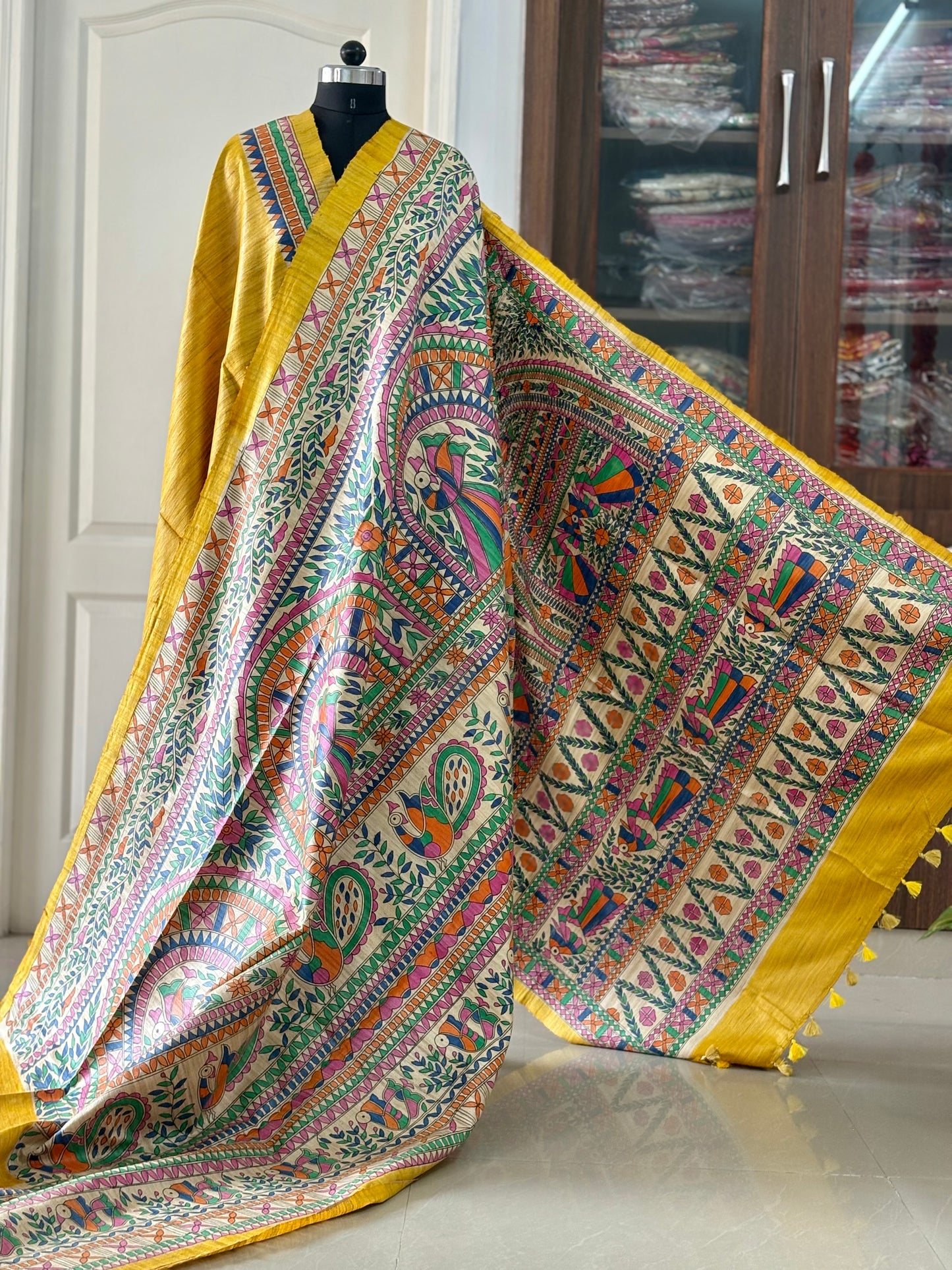 Pure Tussar Ghicha Silk Handcrafted Madhubani Half Saree (Silk Marked)