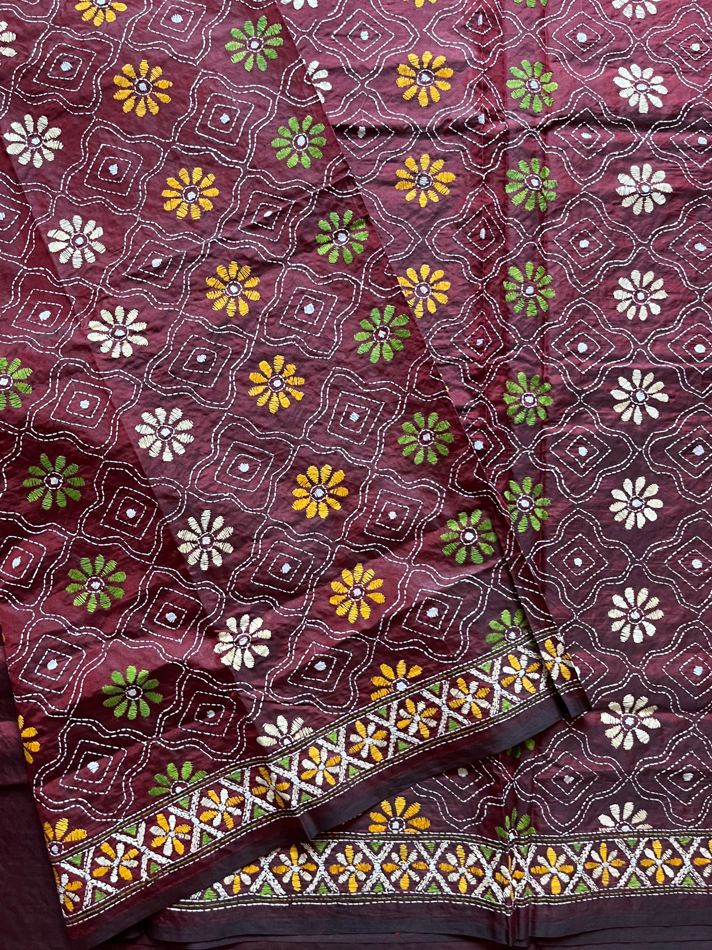 Kantha Hand Embroidered Blended Banglore Silk/Art Silk Saree With Blouse