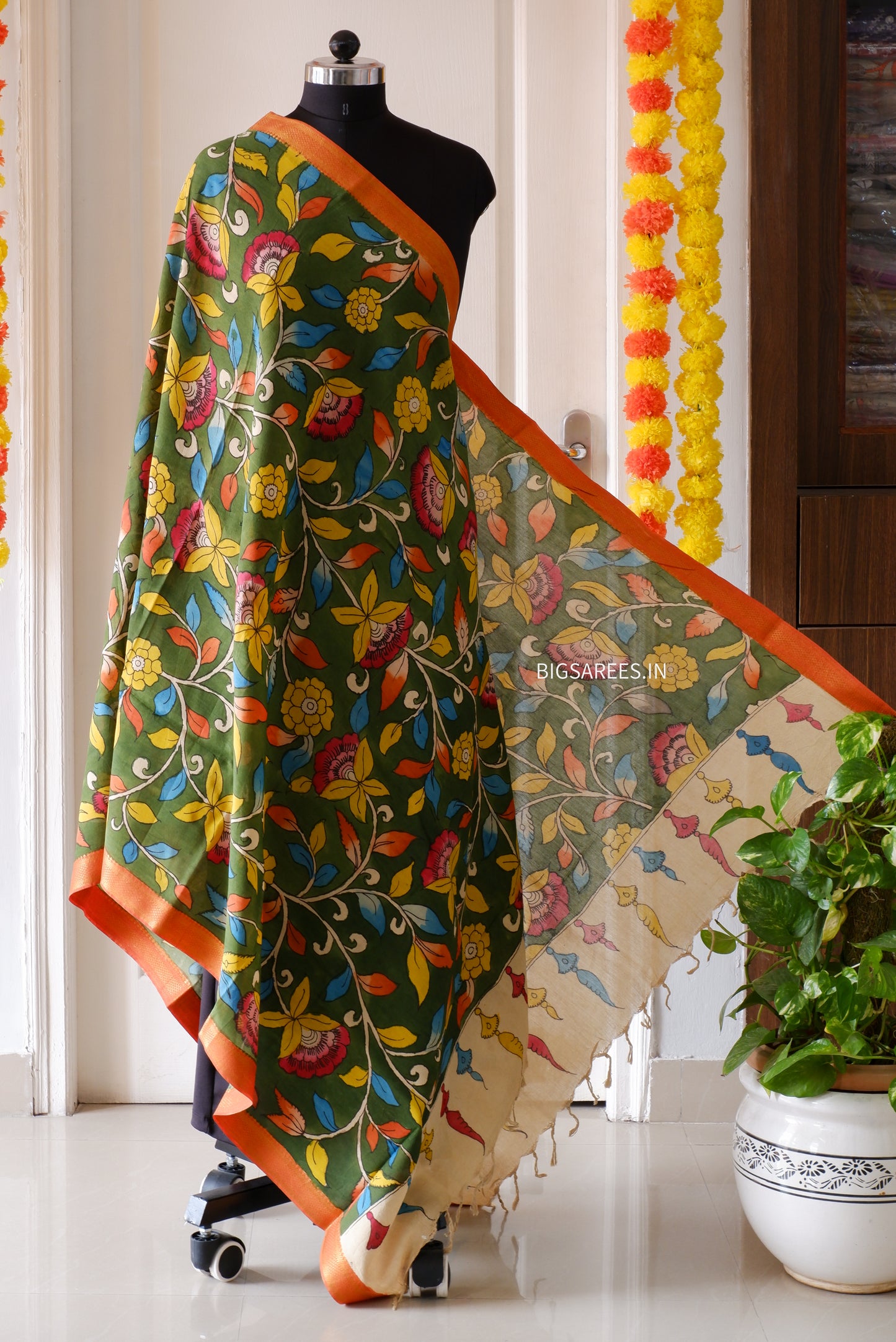 Pen Kalamkari Hand Painted Bangalore Silk Dupatta | Dark Green | 36"