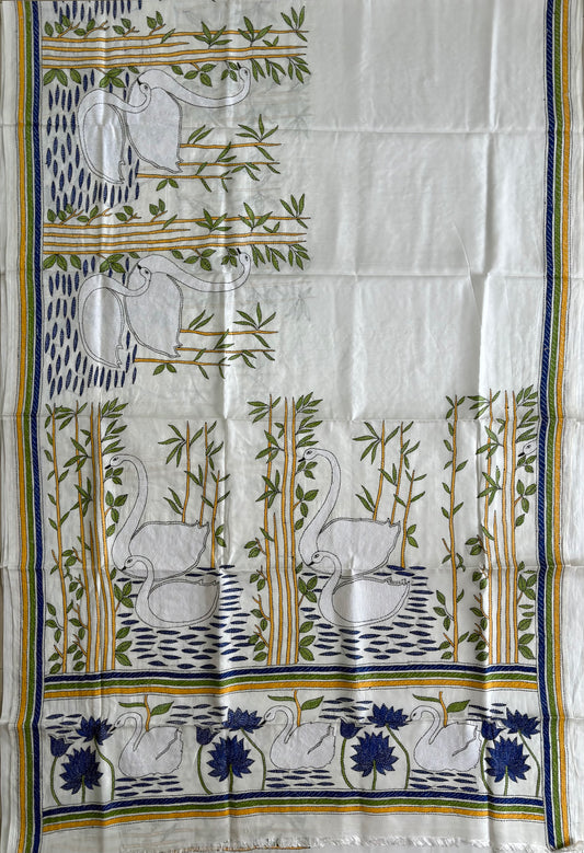 Off white Kantha stitch Saree in blended Bangalore Silk / Art Silk