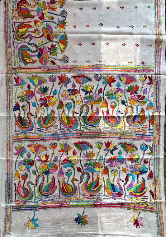 Kantha Hand Embroidered Blended Banglore Silk/Art Silk Saree With Blouse