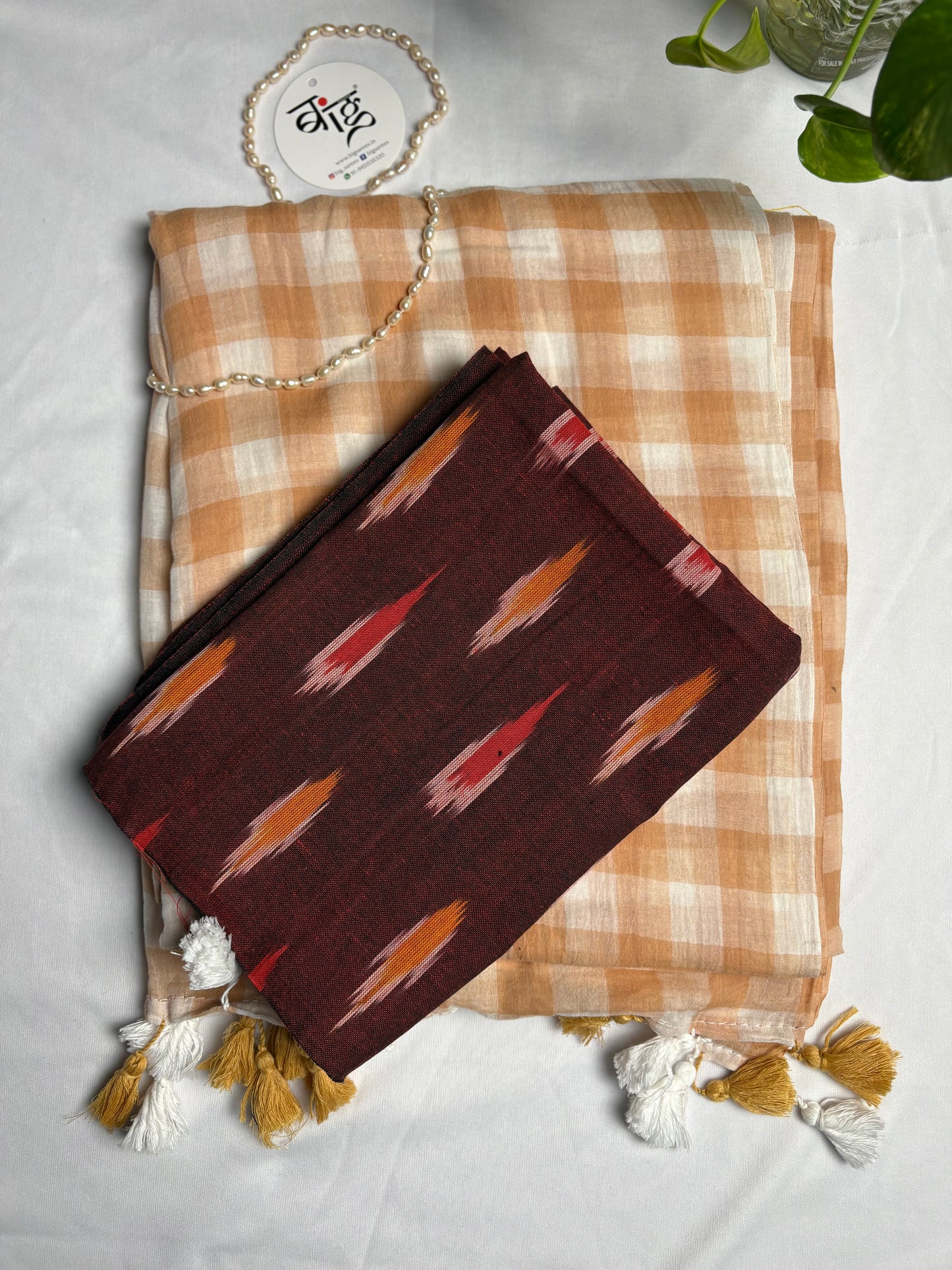 Checkered Mul Cotton Saree With Ikat Blouse | Ultra Lightweight | Light Brown