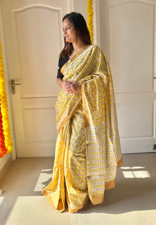 Handblock Printed Natural Dye Mulmul Cotton Saree