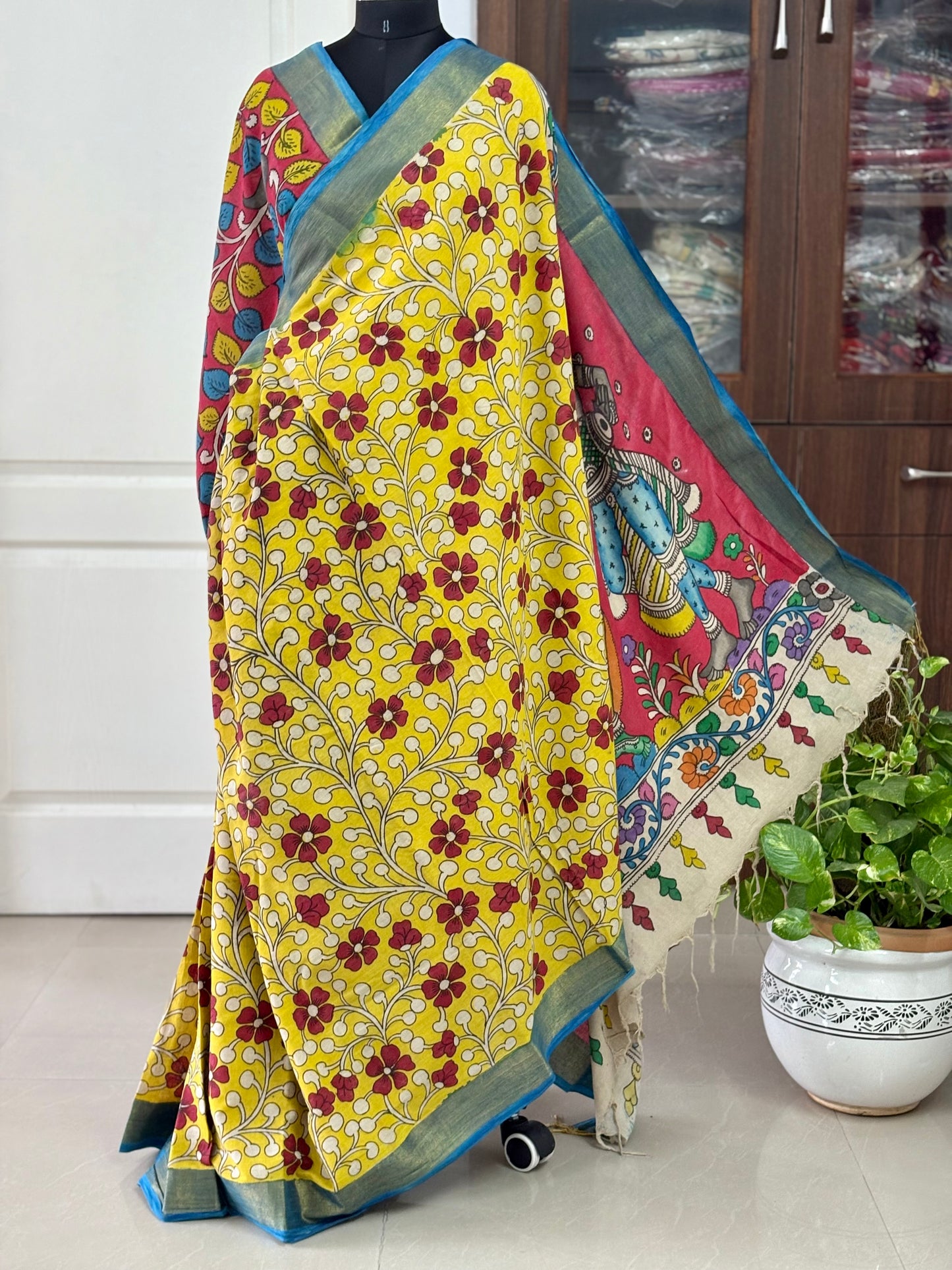 Pen Kalamkari hand painted pure cotton Saree with blouse