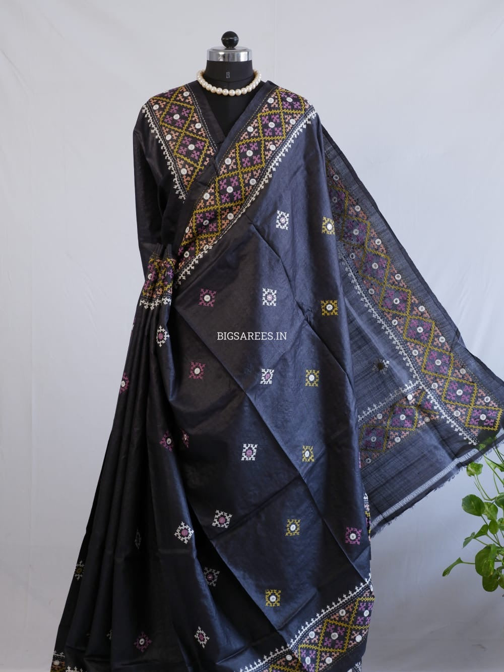 Kutchi Hand Embroidered Saree | Tassar Silk | Silk Marked | Black