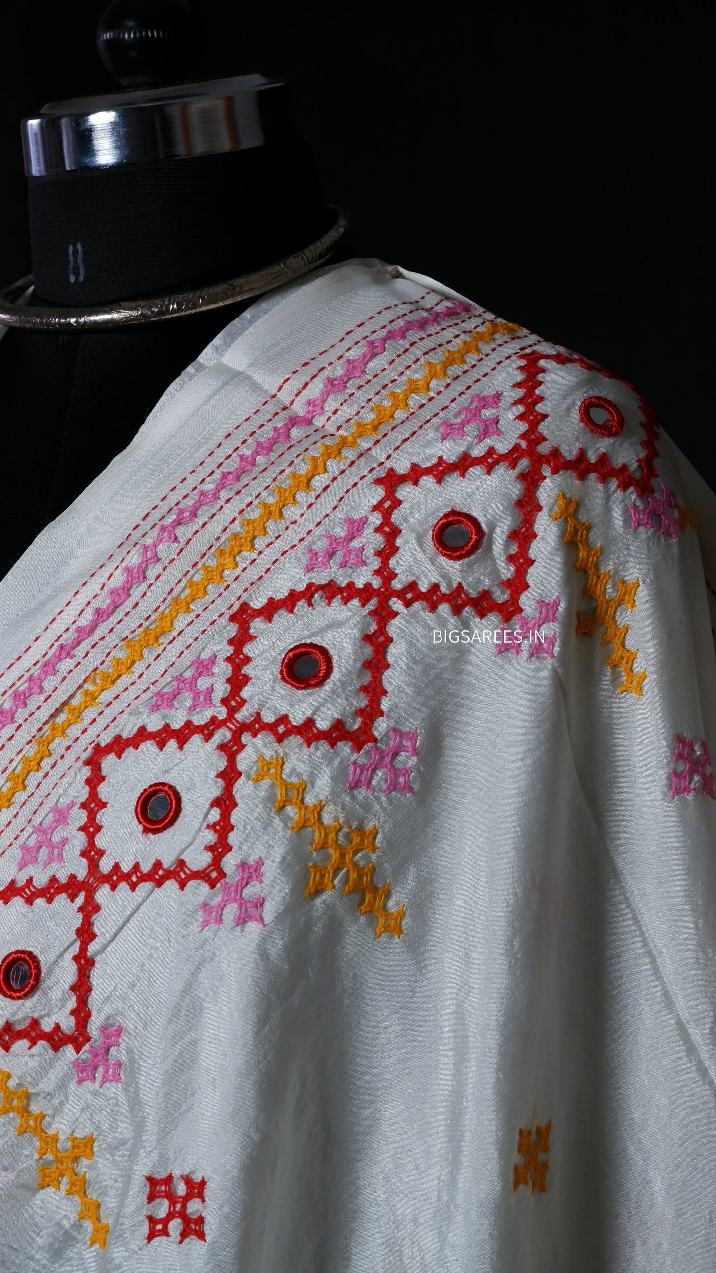 Heavy real mirror work Gujrati Stitch/Kutchi Bharat/Sindhi Hand Embroidered Art Silk Saree with blouse - Off white