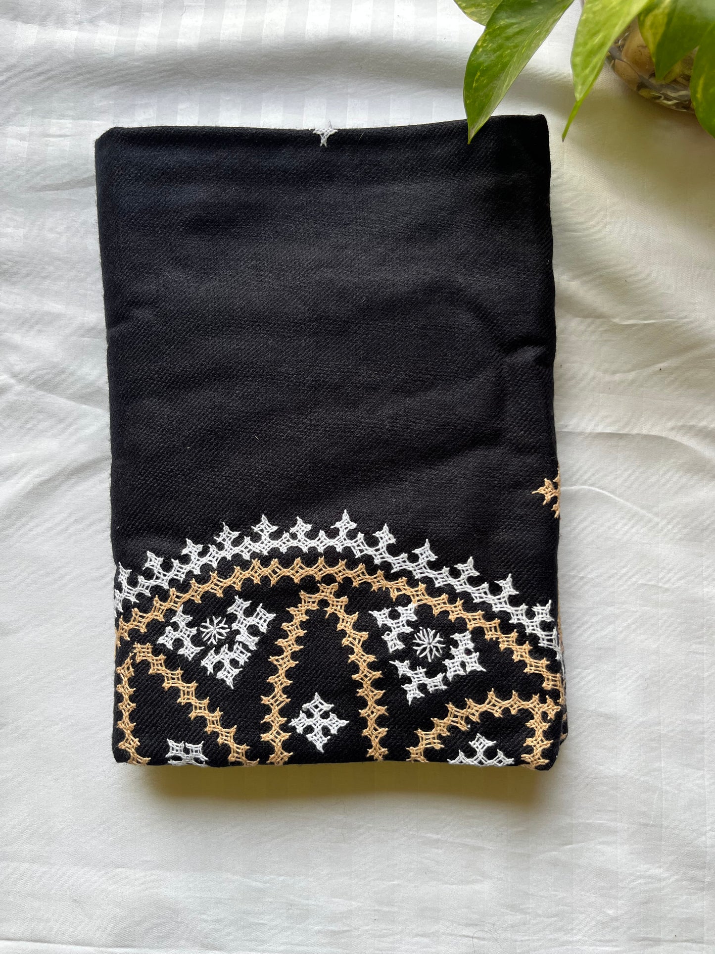 Gujrati Stitch Hand Embroidered Woollen Warm Shawl (Black)