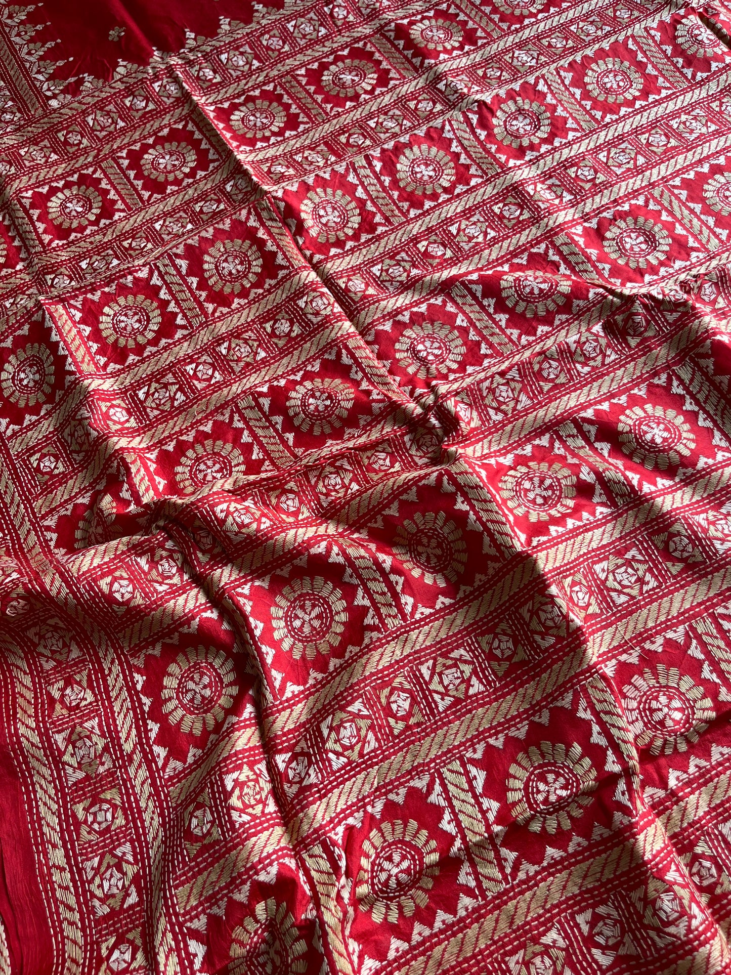 Red Kantha Hand Embroidered Pure Banglore Silk Saree