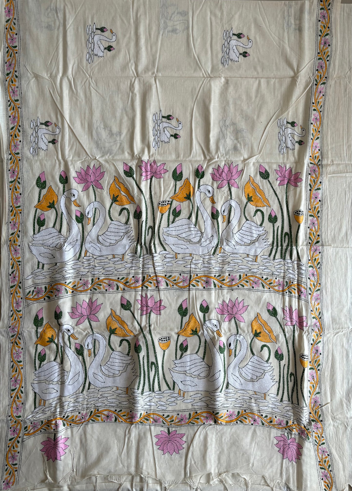 Kantha Khadi Cotton Saree - off white