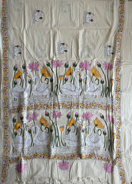 Kantha Khadi Cotton Saree - off white