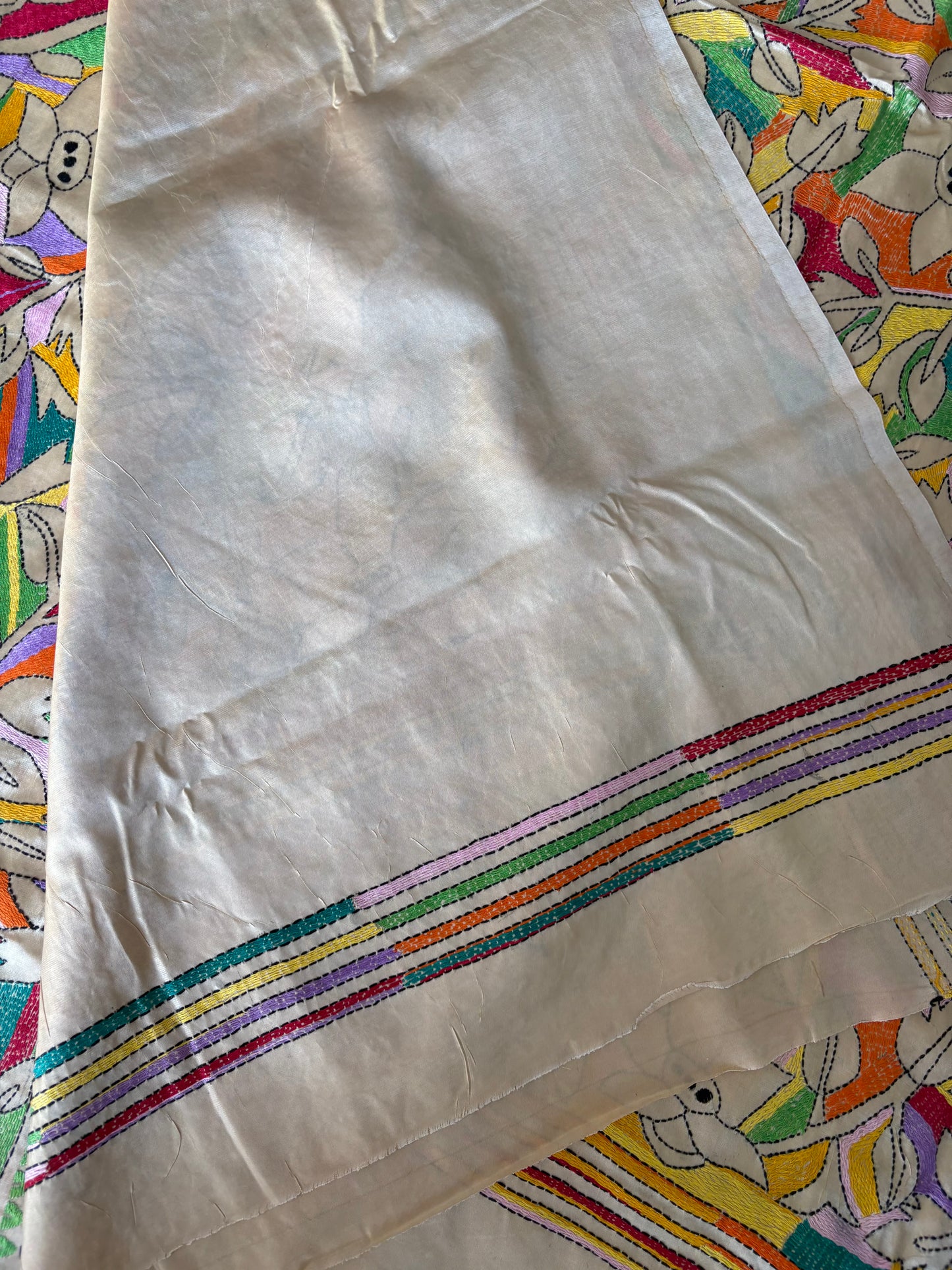 Reverse Kantha Hand Work Embroidered Art Silk Saree - Beige