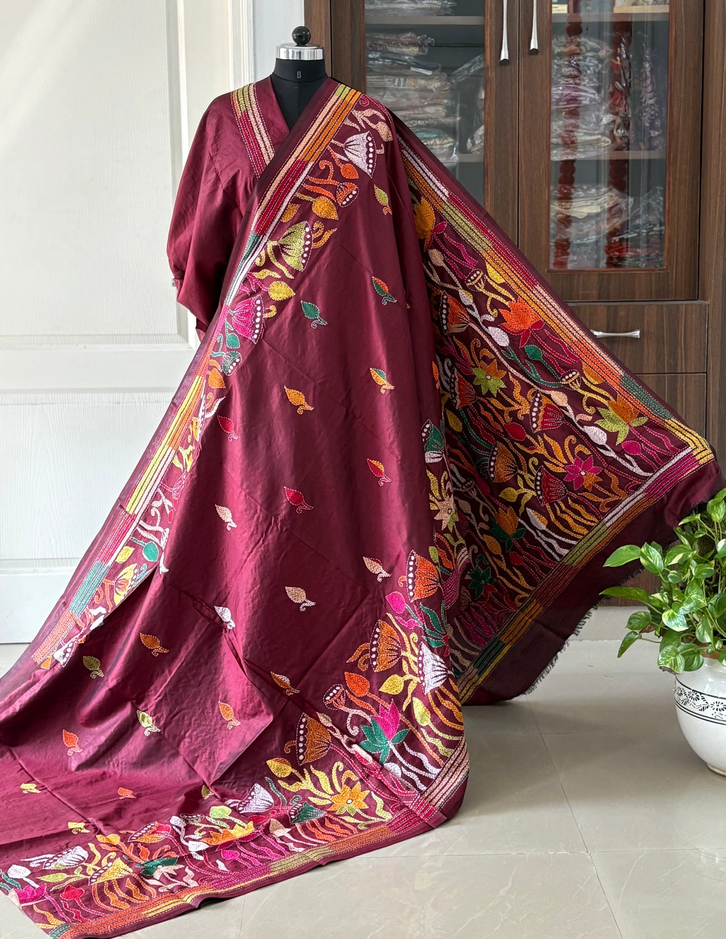 Kantha Stitch Hand Embroidered Pure Banglore Silk Saree (Silk Marked)