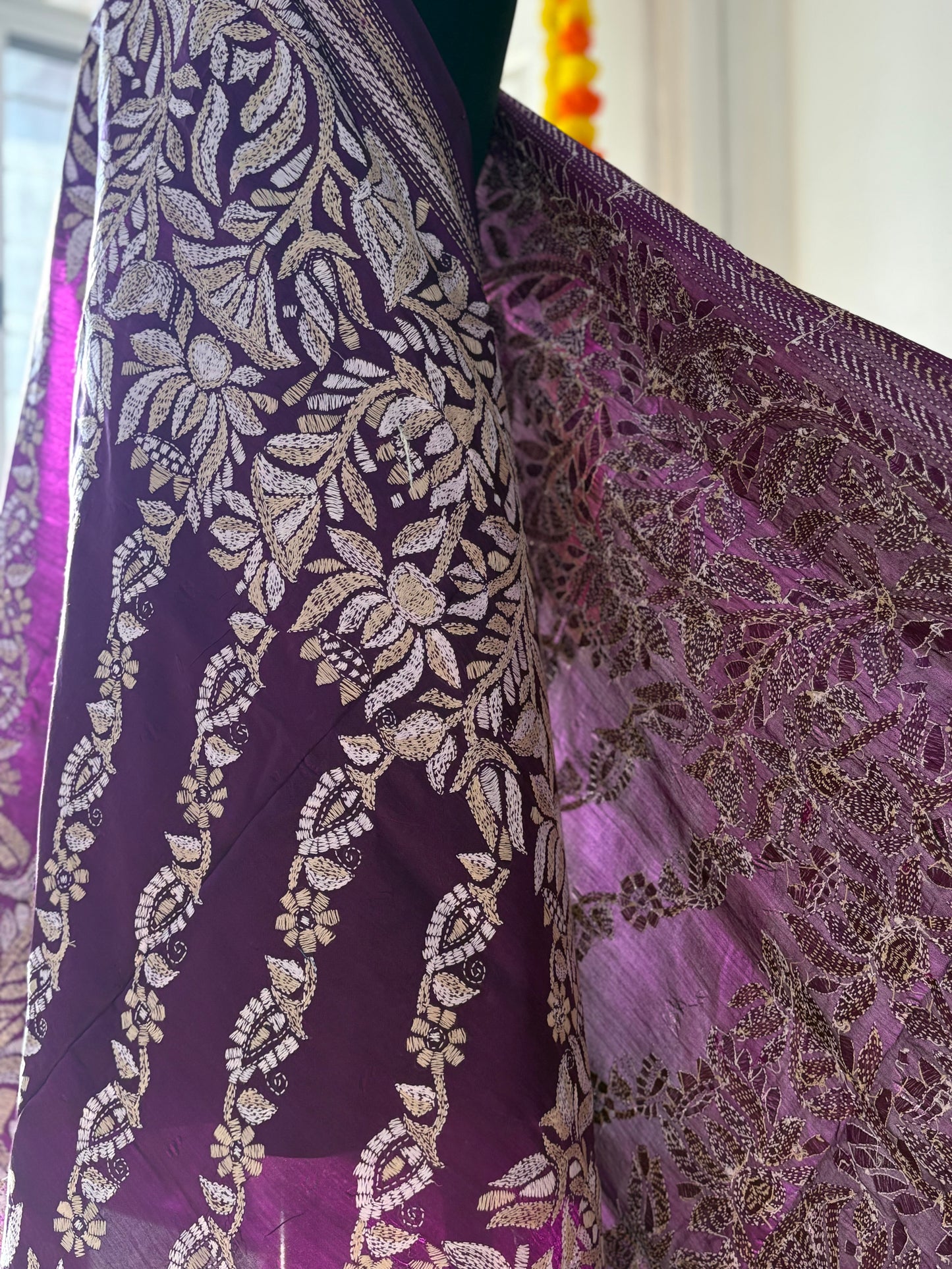 Kantha Hand Embroidary Full Work Pure Banglore Silk Dupatta. (With Silk Mark)
