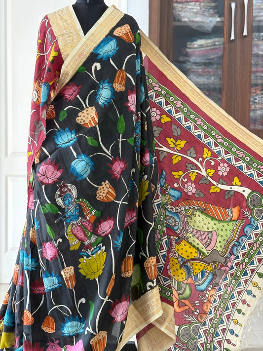 Pen Kalamkari hand painted Banglore Silk Saree with blouse