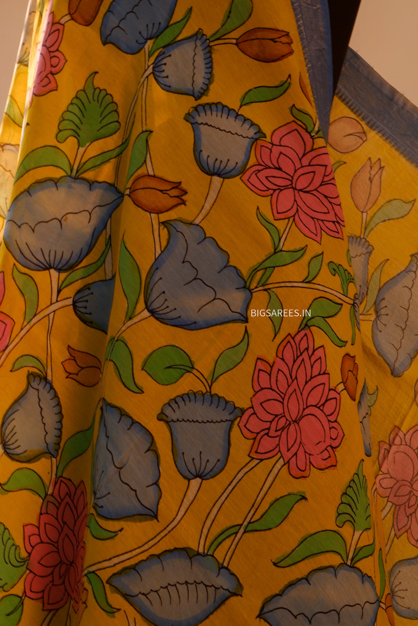 Pen Kalamkari Hand Painted Bangalore Silk Dupatta/Yellow/36"