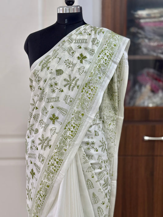 Kantha Stitch Hand Embroidered Art Silk Saree With Blouse