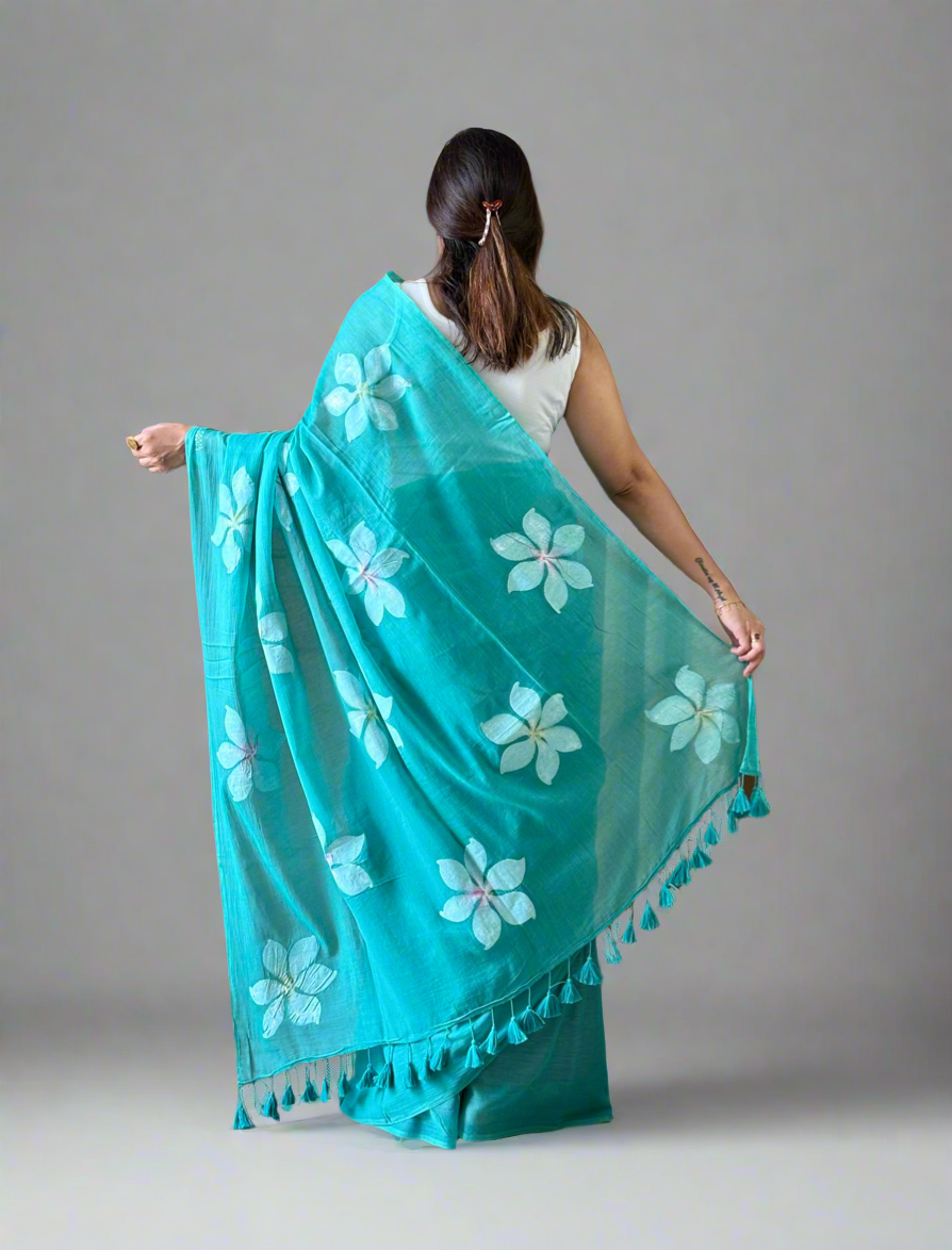 Hand Painted Mul Cotton Saree - Sea Green