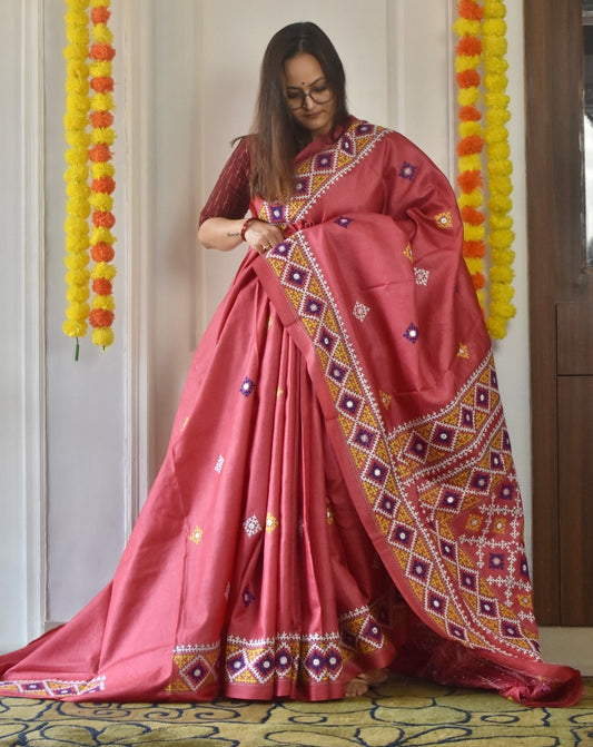 Kutchi Hand Embroidered Saree | Pure Tassar Silk | Silk Marked | Pinkish/Red