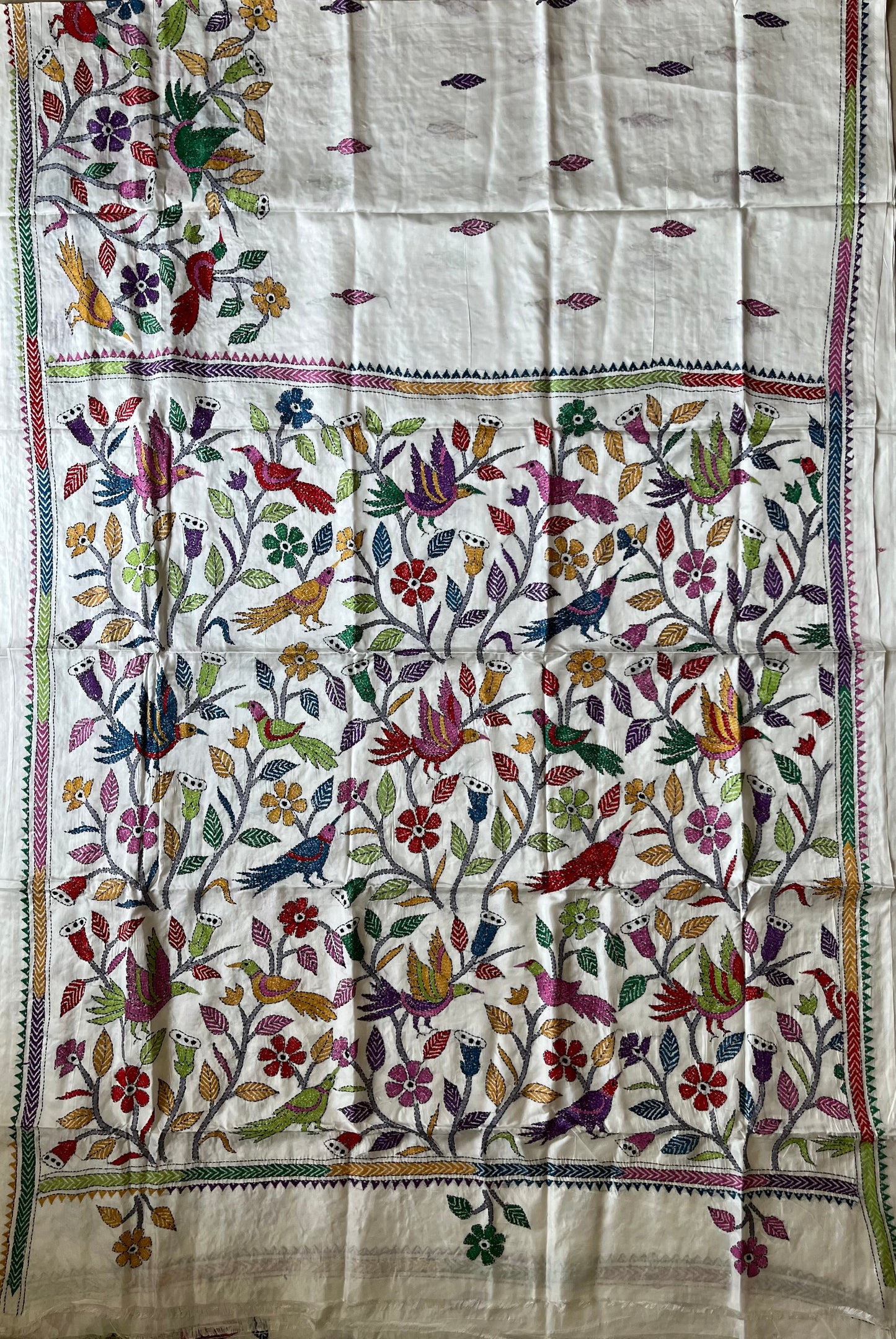 Kantha Stitch Hand Work Embroidered Art Silk Saree With Blouse