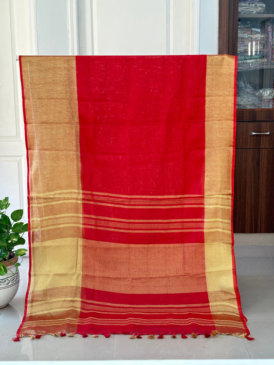 Red golden pure Linen By Linen Saree With running Blouse