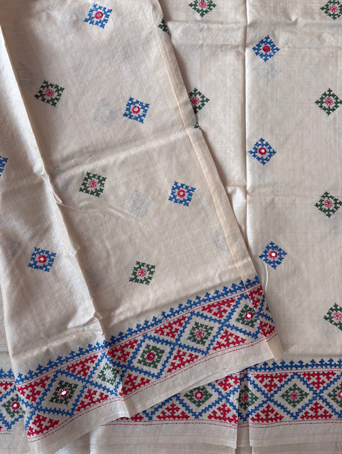 Kutchi Hand Embroidered Saree | Pure Gachi by Gachi Tassar Silk | Silk Marked | Off-White