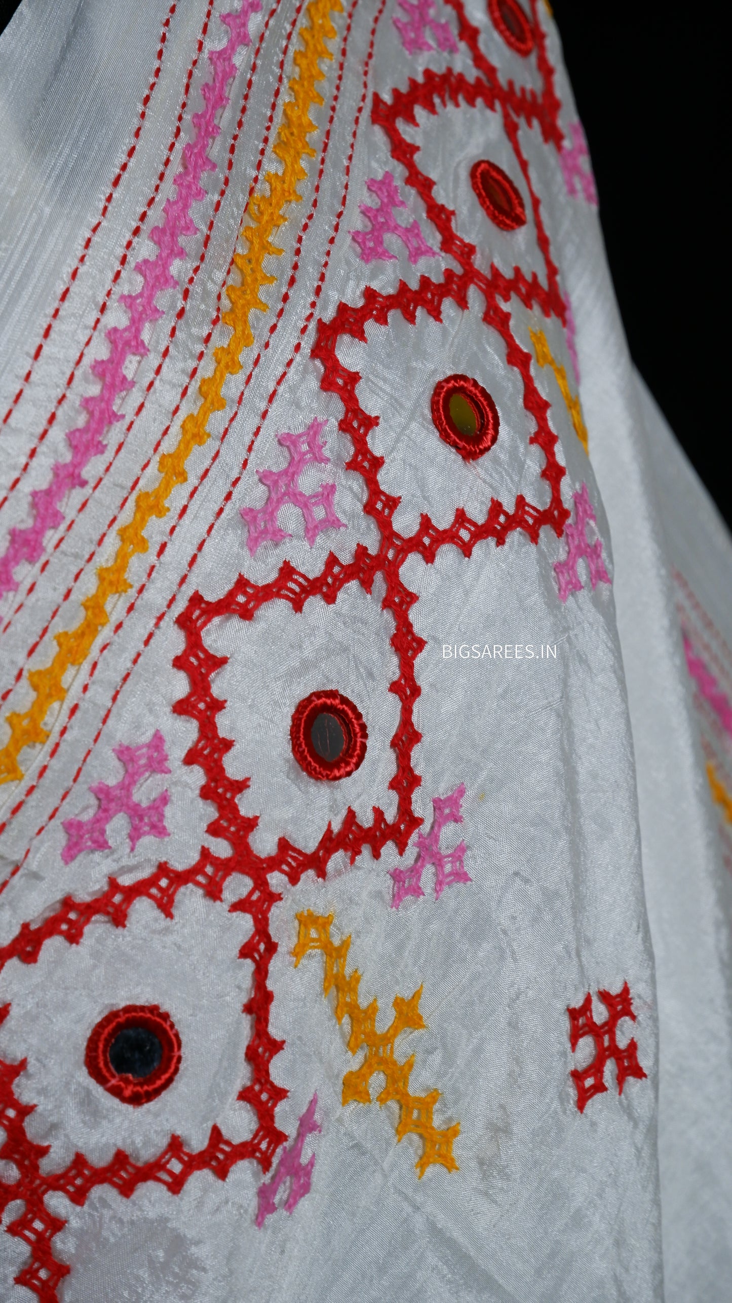 Heavy real mirror work Gujrati Stitch/Kutchi Bharat/Sindhi Hand Embroidered Art Silk Saree with blouse - Off white