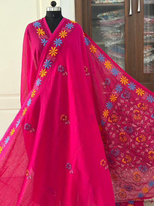 Kantha stitch Hand Embroidered Pure mul Cotton Saree