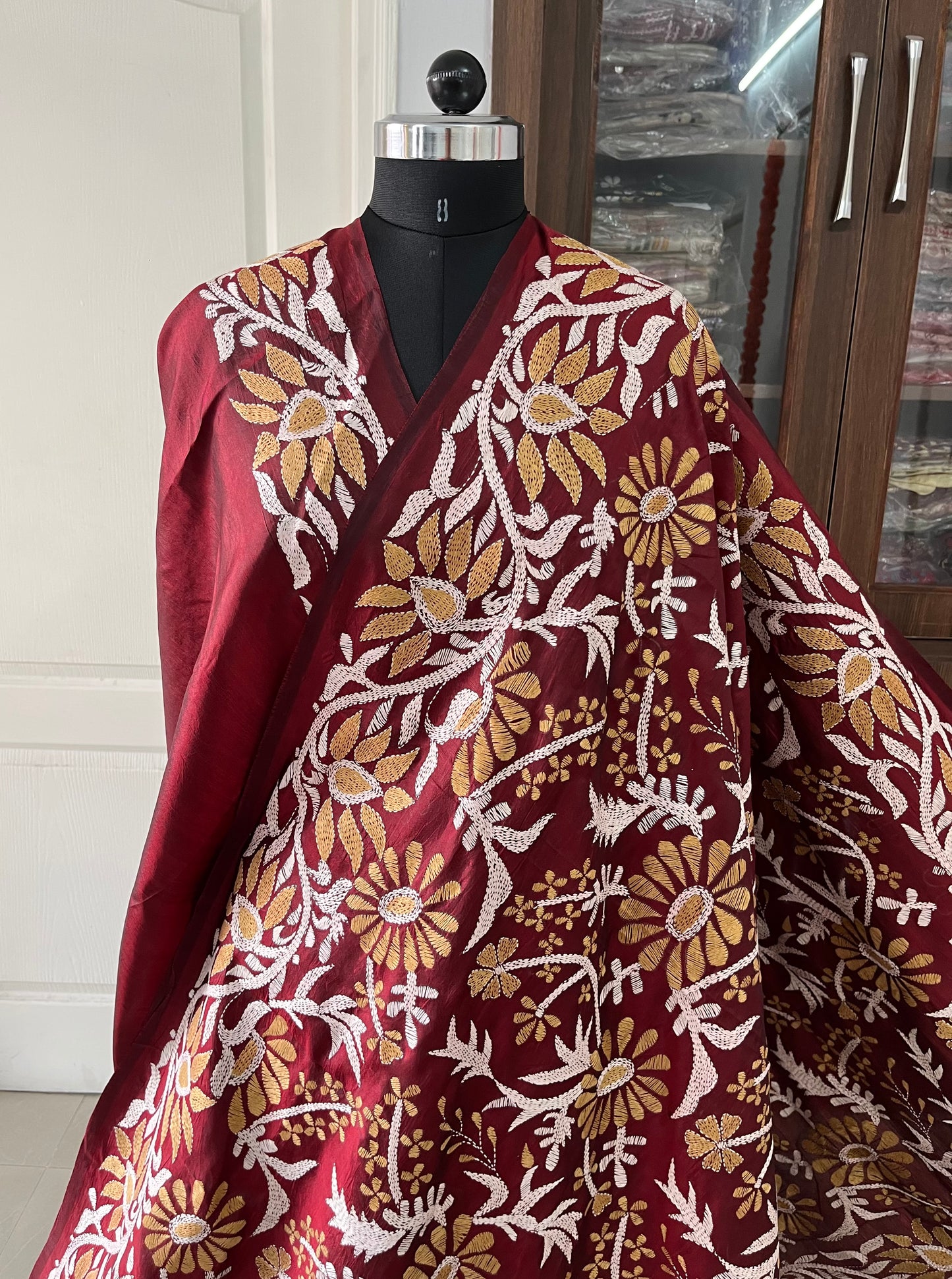 Maroon Kantha Stitch Hand Embroidered Pure Banglore Silk Saree