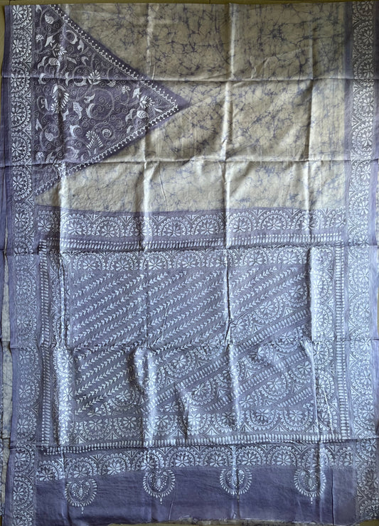 Kantha Stitch Hand Embroidered Art Silk Saree With Blouse