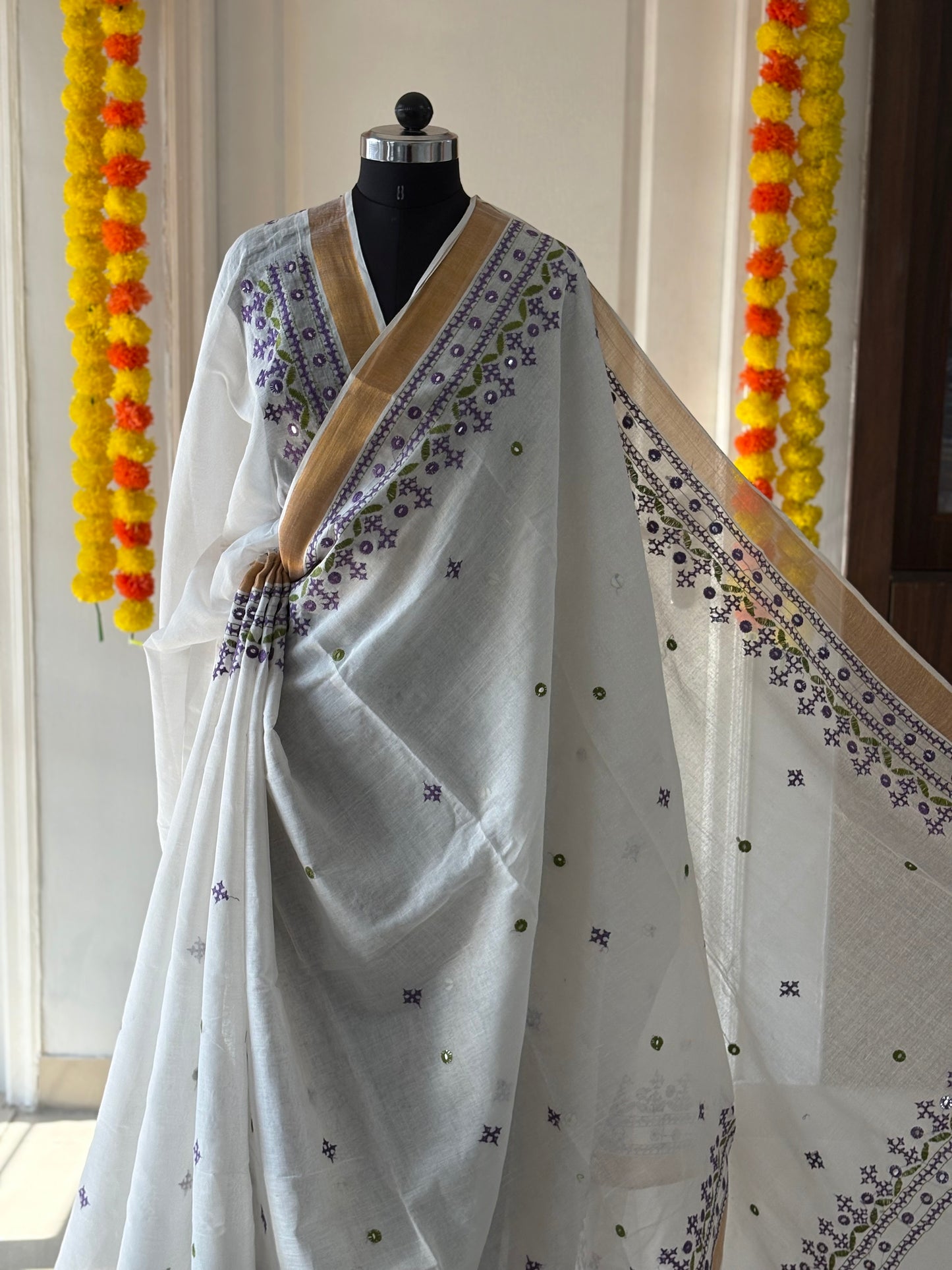 Gujrati Stitch/Kutch Hand Embroidered South Cotton Saree