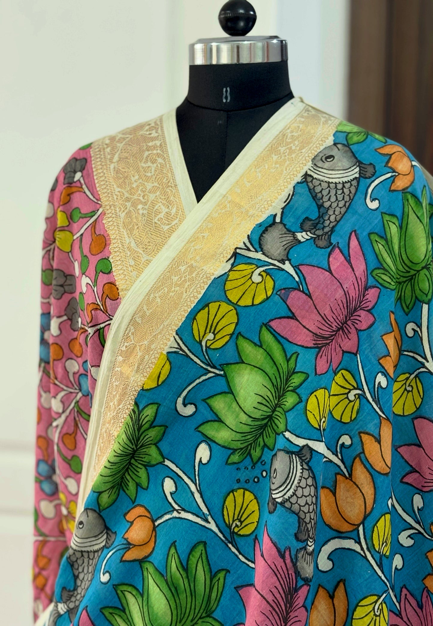 Pen Kalamkari hand painted pure cotton Saree with blouse