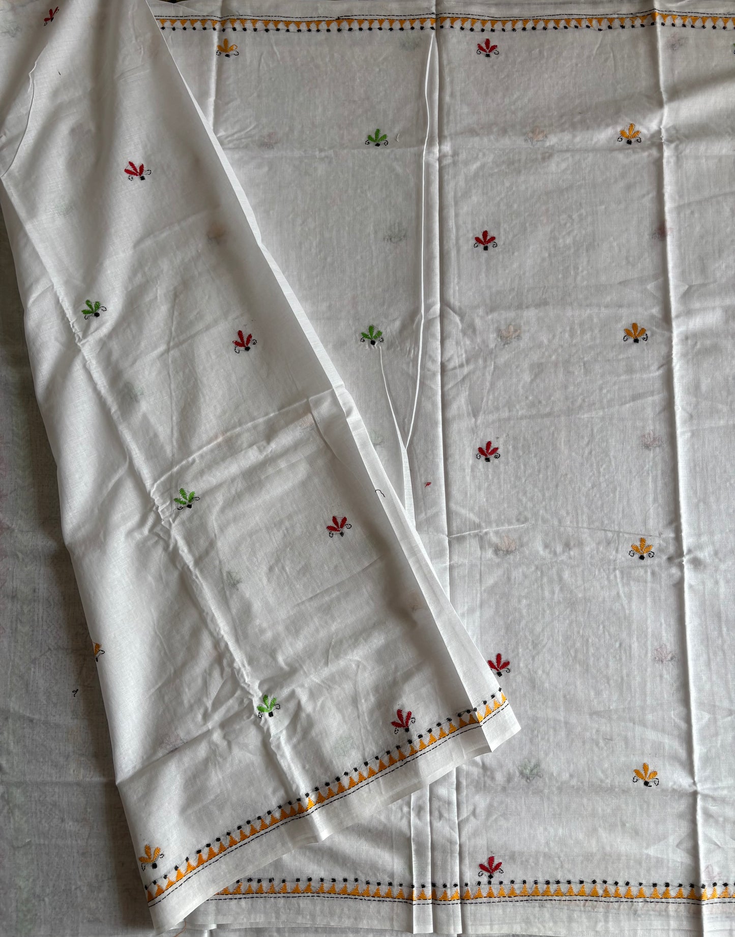 Kantha Hand Embroidered Pure Cotton Saree - white