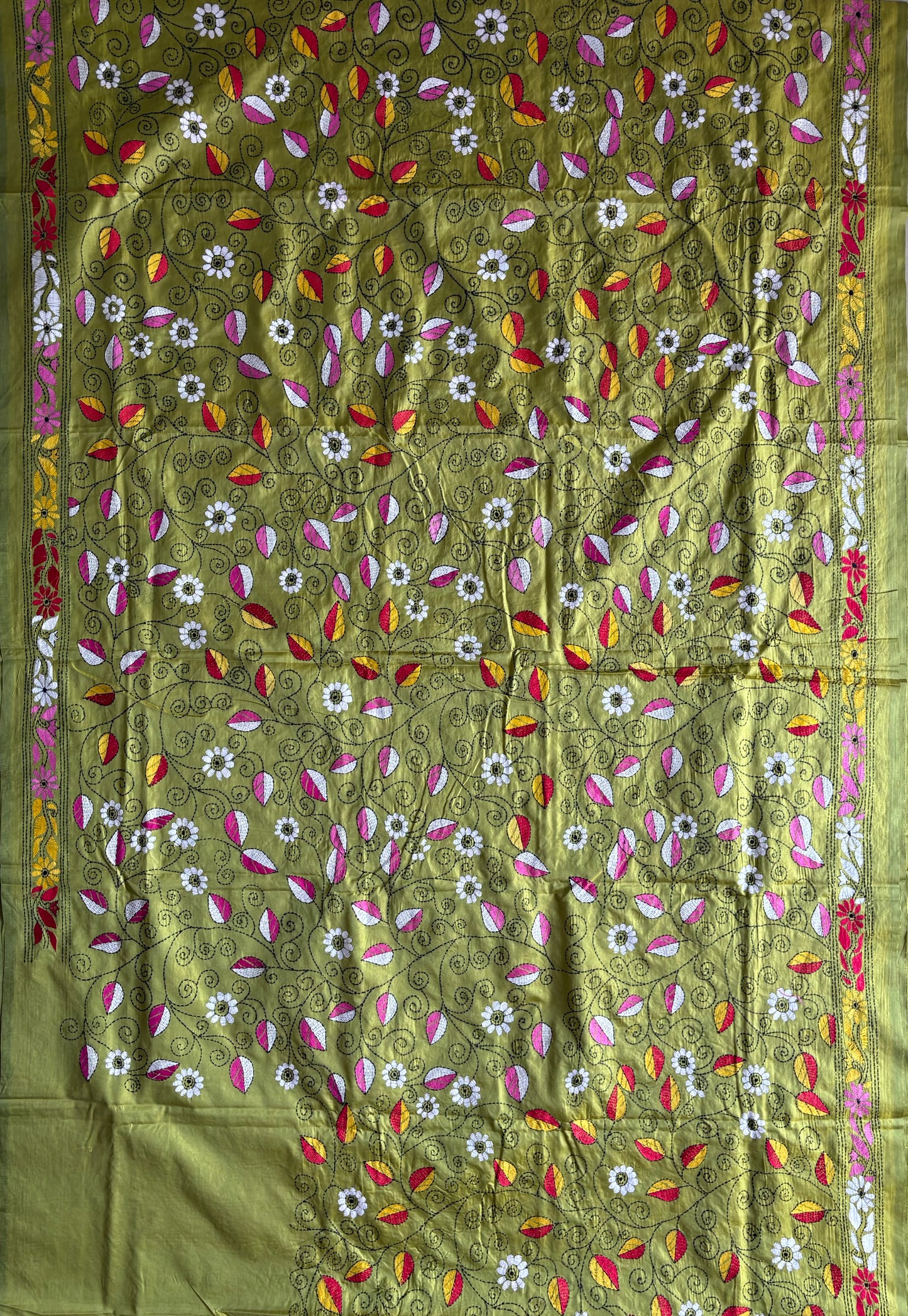 Black Kantha Hand Embroidered Blended Banglore Silk/Art Silk Saree With Blouse