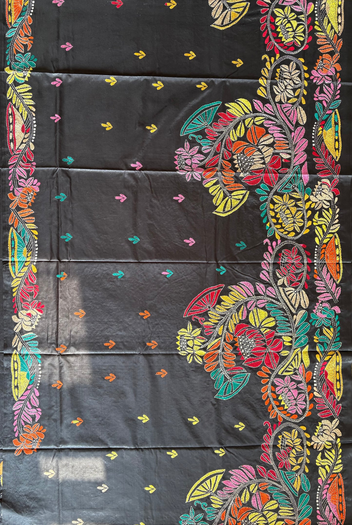 Kantha Stitch Hand Embroidered Art Silk Saree With Blouse