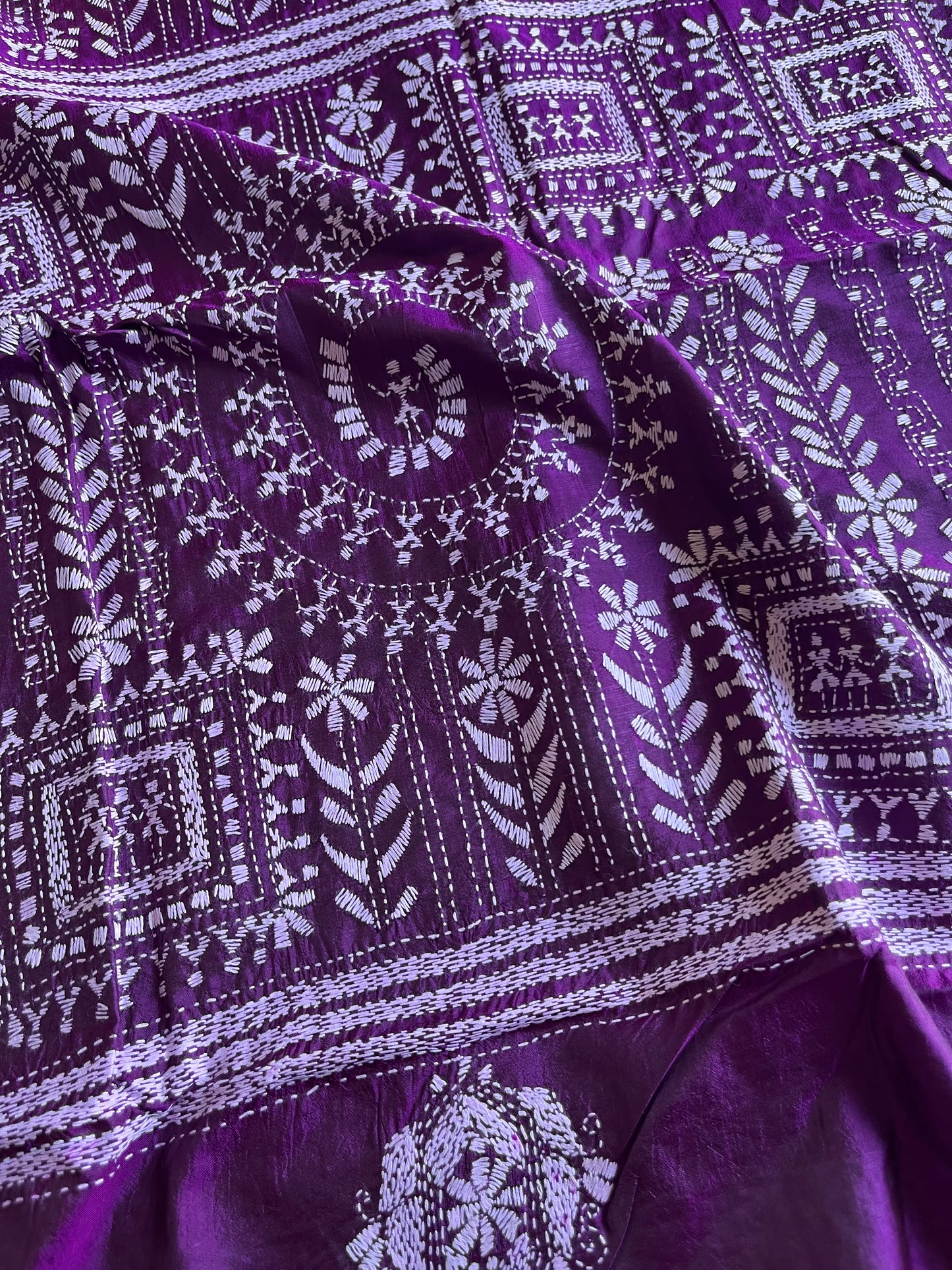 Purple Kantha Stitch Hand Embroidered Pure Banglore Silk Saree