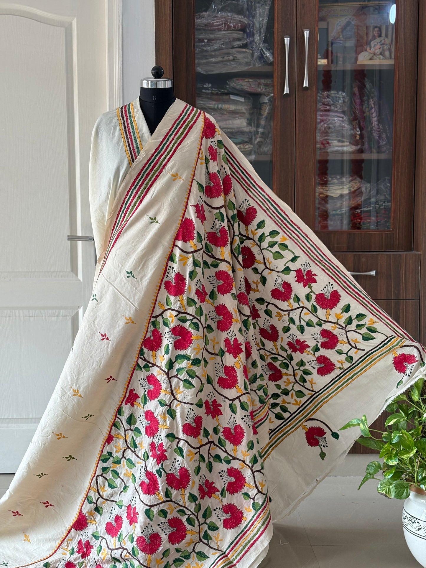 Off White Kantha Hand Embroidered Tussar Silk Saree