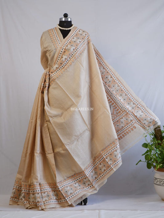 Kantha Stitch Hand Embroidered Saree | Pure Gachi Tussar Silk | Silk Mark Certified | Beige