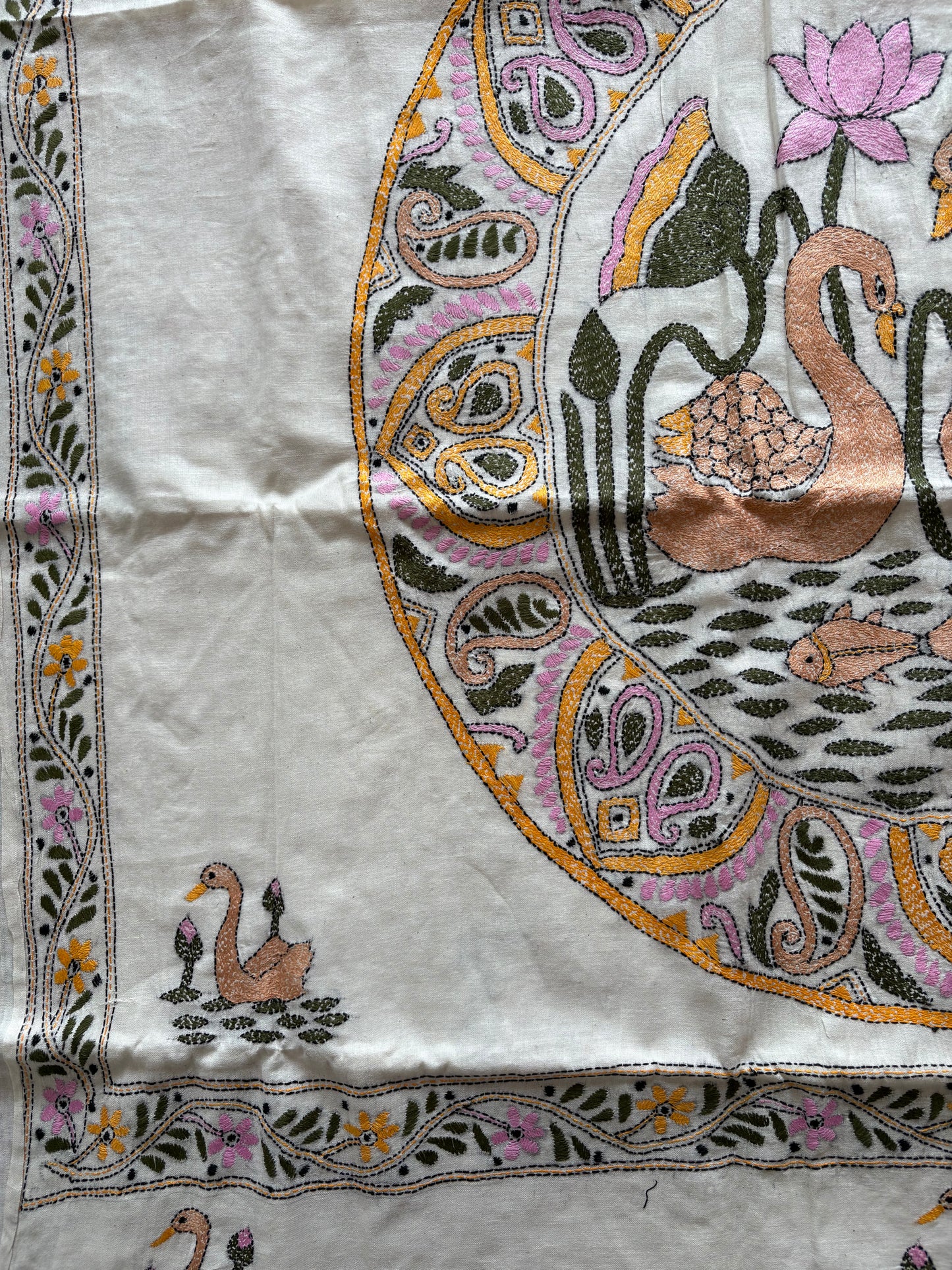 Kantha stitch Khadi Cotton Saree - Off white