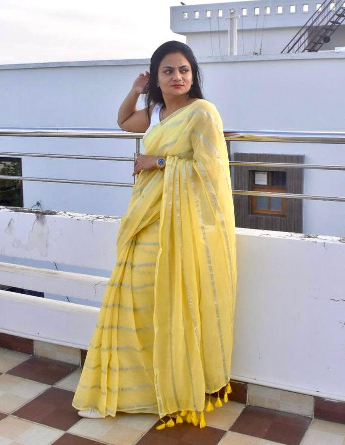 Pure Mul Cotton Saree - Yellow