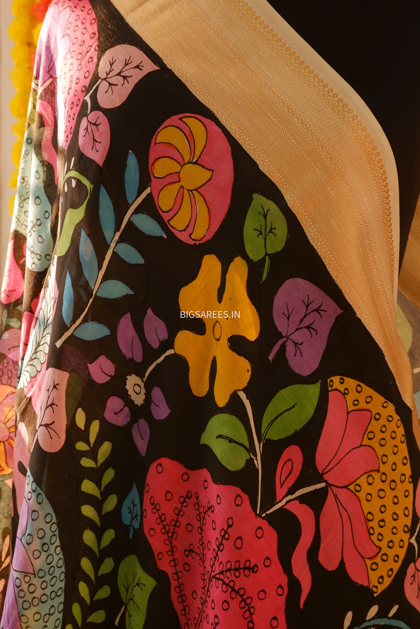 Pen Kalamkari Hand Painted Bangalore Silk Dupatta/Black/36"